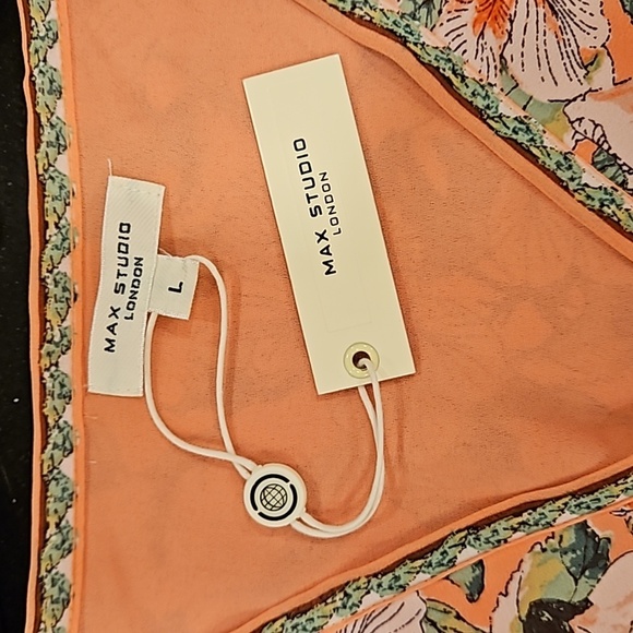 MAX STUDIO Geometric Floral Print Smocked Waist Dress Coral Green Hibiscus L NWT - Picture 6 of 12